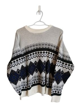 Vjntage 80s 90s Club International Geometric Knit Sweater - Cream & Navy Grandpa